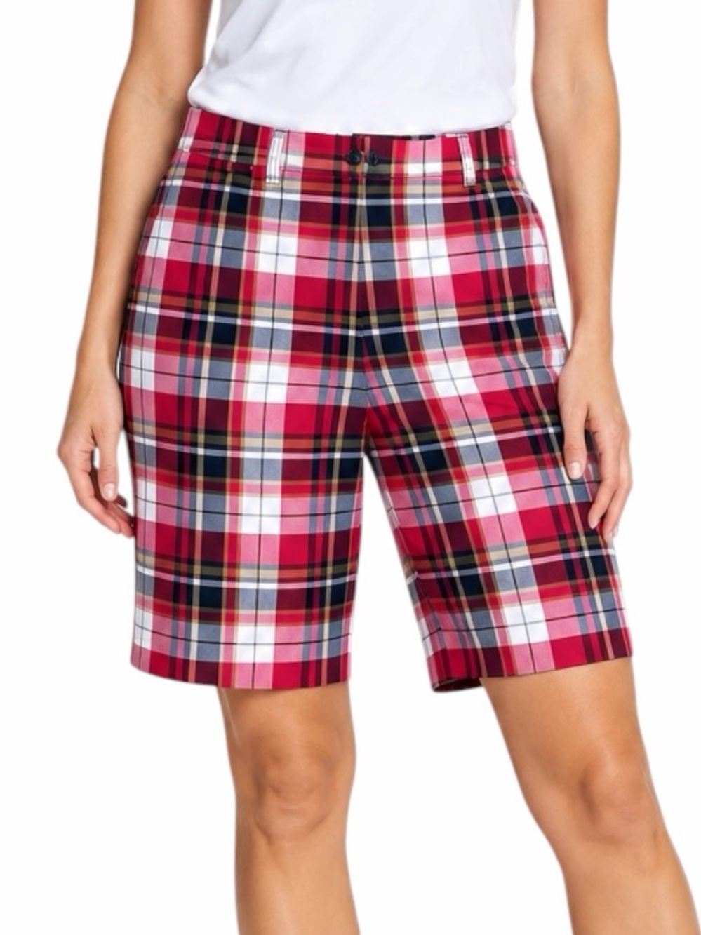 Anne Klein Sport Bermuda Shorts 16 Stretch Madras Plaid Red Pink Navy Preppy